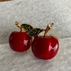 Vintage Red Apple Pierced Earrings w Green Stem Rhinestone accent in Gold Metal